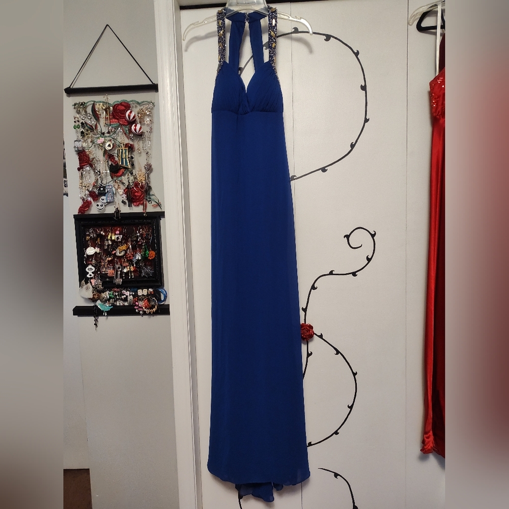 Blue Halter Prom Dress w/ Embellishments